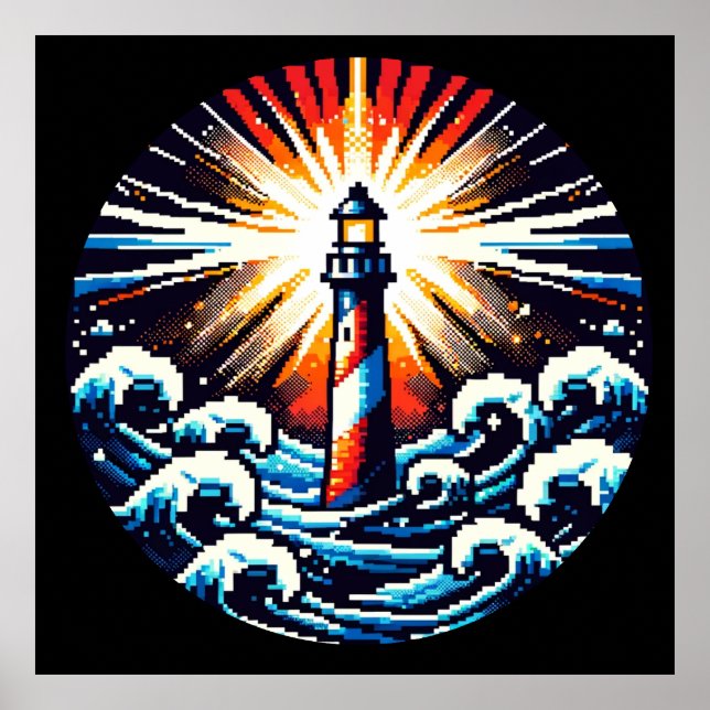 Affiche Pixel Lighthouse - Ocean Waves & Coastal Beacon (Devant)
