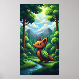 Affiche Pixel nature forêt verte montagnes et nuages