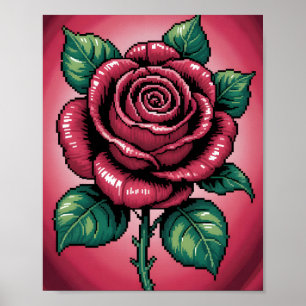 Affiche Pixel Rose – Art Floral Rétro