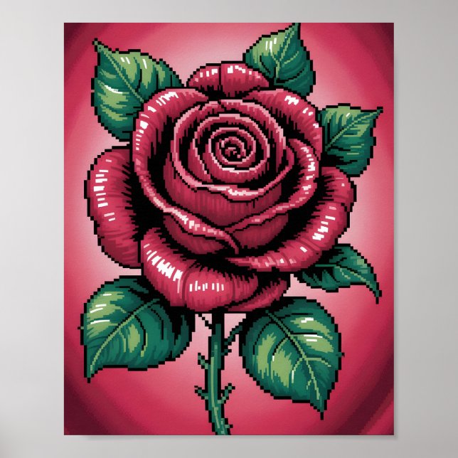 Affiche Pixel Rose – Art Floral Rétro (Devant)