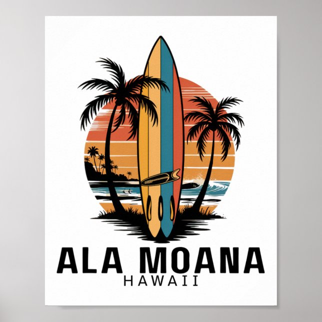 Affiche Plage Ala Moana Hawaï Surfant Surfeur _1  (Devant)