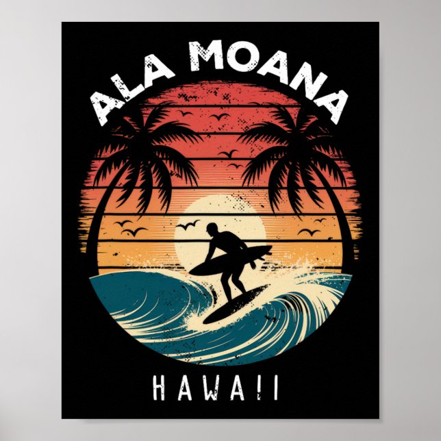 Affiche Plage Ala Moana Hawaii Surfboard Vagues Plage  (Devant)