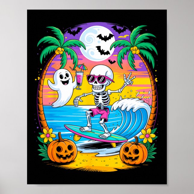 Affiche Plage Amusante Halloween Vibes Summerween Skeleton (Devant)