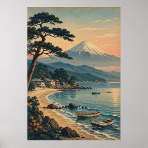 Affiche Plage au clair de lune du mont Fuji Paysage japona