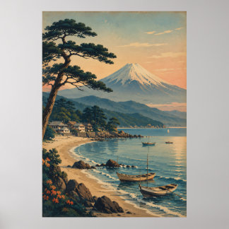 Affiche Plage au clair de lune du mont Fuji Paysage japona