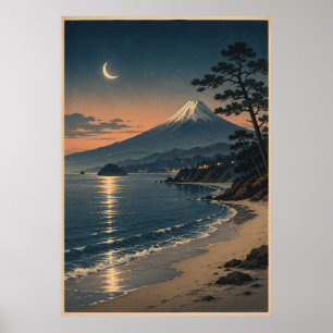 Affiche Plage au clair de lune du mont Fuji Paysage japona