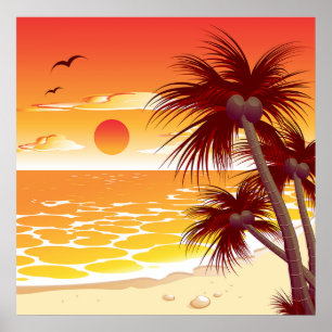 Affiche Plage au coucher du soleil tropical Palmier Île