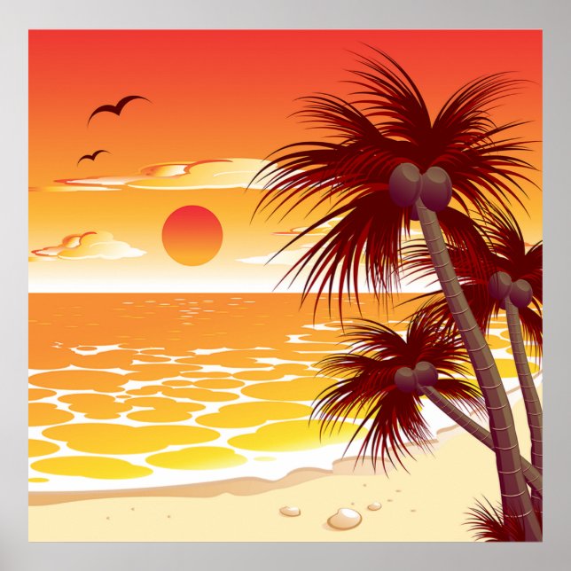 Affiche Plage au coucher du soleil tropical Palmier Île (Devant)