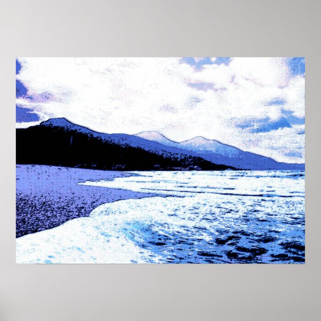 Affiche Plage au crépuscule dans les tons bleus (Devant)
