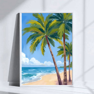 Affiche Plage aux palmiers   Ciel bleu aquarelle tropicale