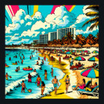 Affiche Plage avec bande dessinée Pop Art Vibe<br><div class="desc">Pop art bande dessinée style plage d'été avec des vibes vintages,  Art dépeint les gens s'amusant sur le rivage de la plage avec des hôtels et des immeubles d'appartements dans l'arrière - plan,  de jolis palmiers,  des parapluies colorés et un magnifique ciel bleu nuageux.</div>