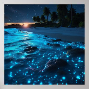 Affiche Plage Bleue Bioluminescente & Palmiers