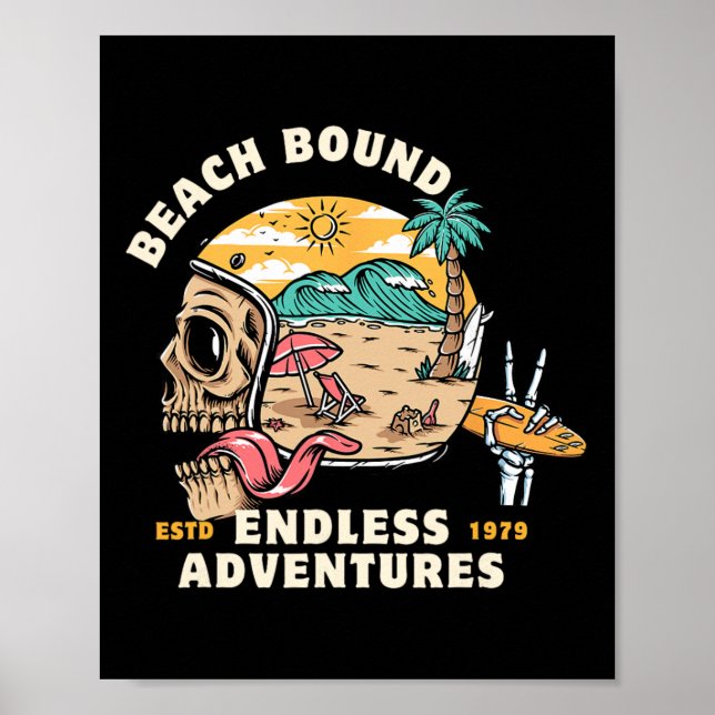 Affiche Plage, Casque de Crâne Lié Surfant Squelette Avent (Devant)