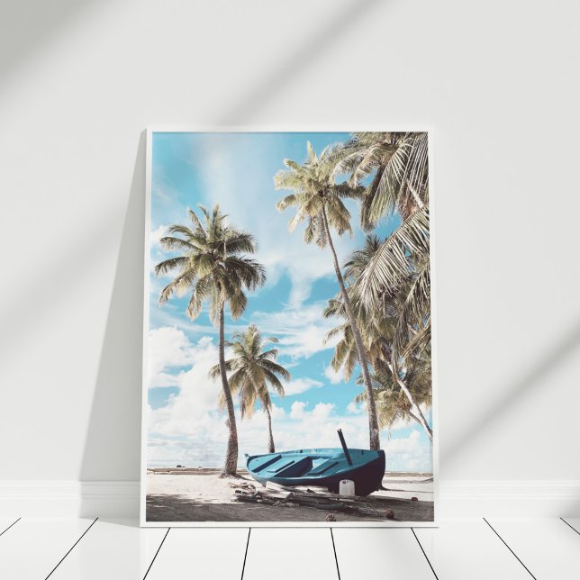 Affiche Plage côtière Palm Trees Bateau (Coastal Beach Palm Trees Boat Poster in white frame standing on white wooden floor.)
