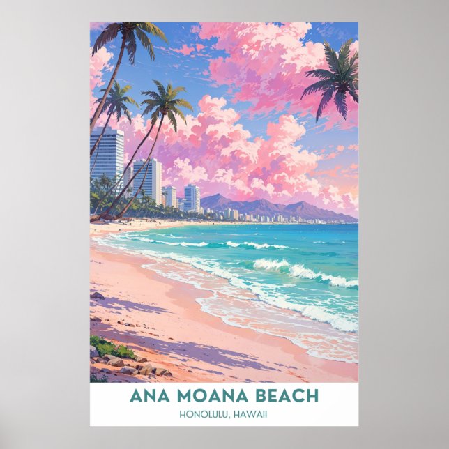 Affiche Plage d'Ana Moana, belle Honolulu, plage d'Hwaii (Devant)
