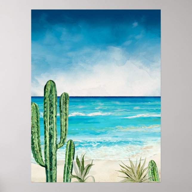 Affiche Plage de Cactus Plage Mer de mer Aquarelle (Devant)