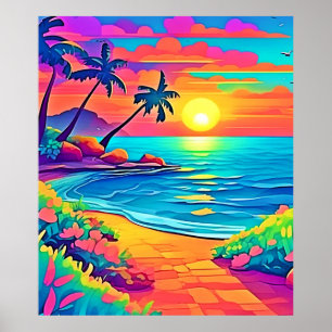 Affiche Plage de coucher de soleil tropicale