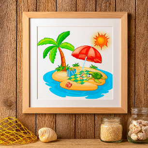 Affiche Plage de l'île tropicale Tortue Palmier Pique-niqu