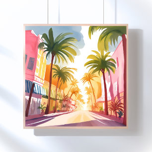 Affiche Plage de Miami Peinture Aquarelle Colorée Brilla