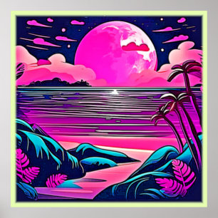 Affiche Plage de néon rose lune