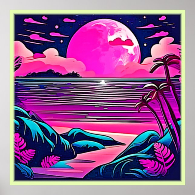 Affiche Plage de néon rose lune (Devant)