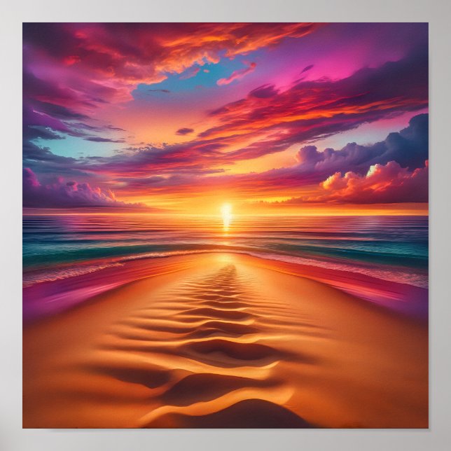 Affiche Plage de sable menant à un coucher de soleil animé (Devant)
