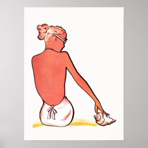 Affiche plage de sable vintage rétro coquillages fille été