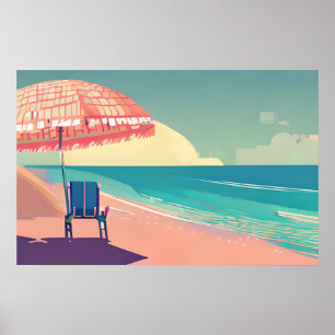Affiche Plage de sarcelle et de pêche, eau bleueChaise et
