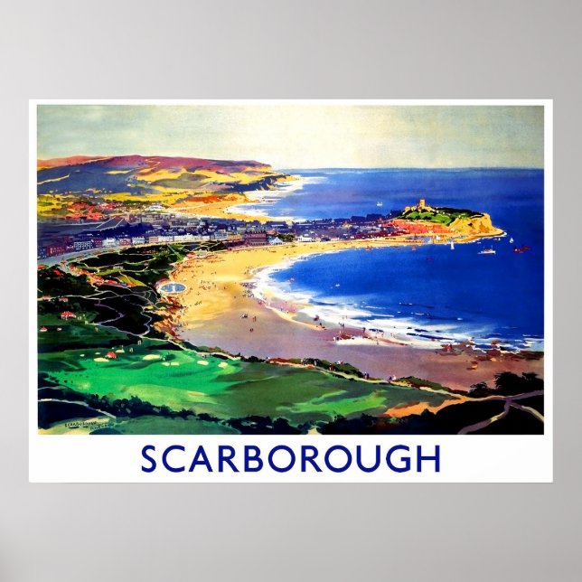 Affiche Plage de Scarborough, Angleterre, voyage vintage (Devant)