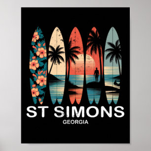 Affiche Plage de St Simons Géorgie Surfboard Surf Rétro _1