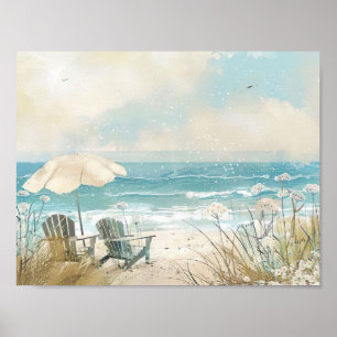 Affiche Plage de style aquarelle scène avec chaises blanch