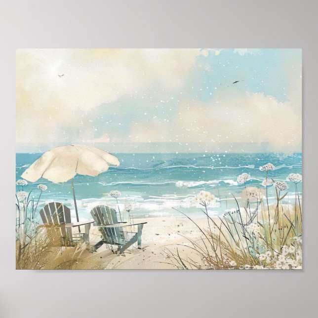 Affiche Plage de style aquarelle scène avec chaises blanch (Devant)