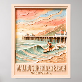 Affiche Plage de Surfrider à Malibu Surfant Texte 3D Vinta
