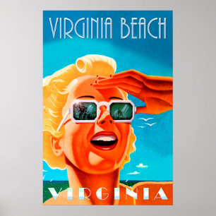 Affiche Plage de Virginie, femme aux lunettes de soleil bl