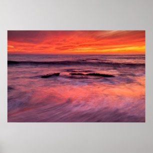 Affiche Plage de Windansea, coucher de soleil rouge