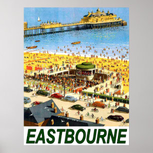 Affiche Plage d'Eastbourne, vue aérienne, voyage vintage