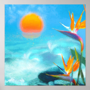 Affiche PLAGE ENSOLEILLÉE Oiseaux du paradis