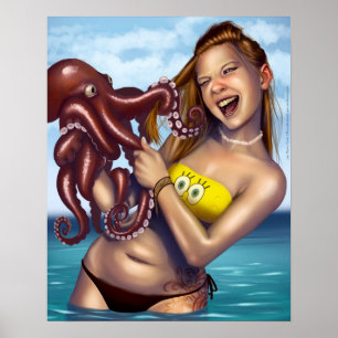 Affiche Plage fille contre Octopus