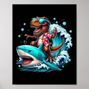 Affiche Plage Lover T-rex Dinosaur équitation Requin Surf 