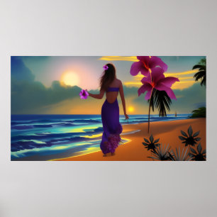 Affiche Plage lune promenade femme bleu mer robe