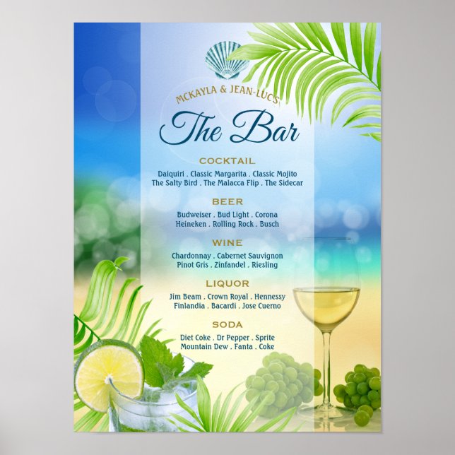 Affiche Plage Mariage Mojito Vin Palm Open Bar Menu (Devant)