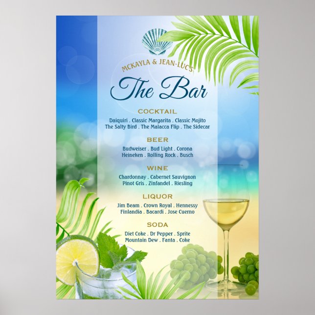 Affiche Plage Mariage Mojito Vin Palm Open Bar Menu (Devant)