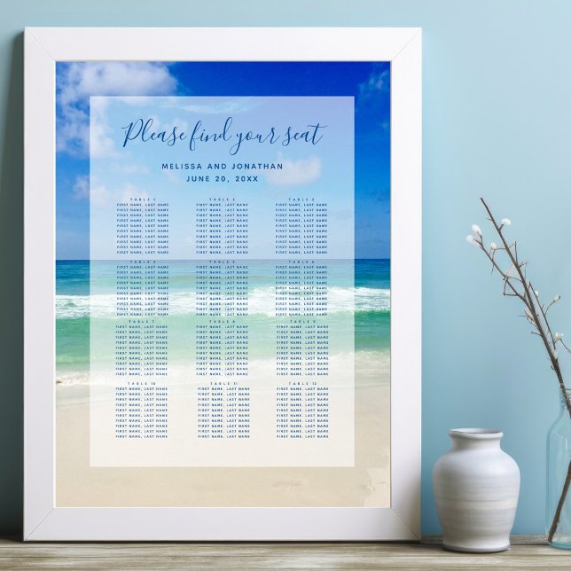 Affiche Plage Mariage Océan Photo 12 Table Seating Chart (Créateur téléchargé)