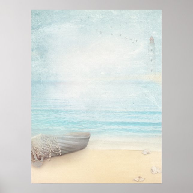 Affiche Plage nautique avec Rowboat & Fishing Net (Devant)