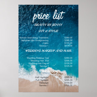 Affiche Plage Ocean Beauty Salon Tarifs - Bleu Côtier