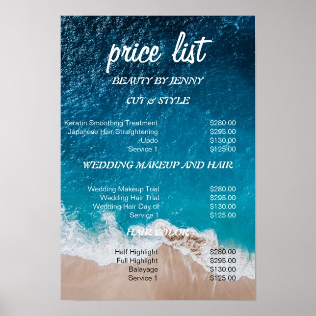 Affiche Plage Ocean Beauty Salon Tarifs - Bleu Côtier (Devant)
