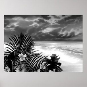 Affiche Plage Océan Palmier Fleurs d'hibiscus noir blanc