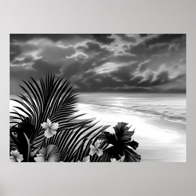 Affiche Plage Océan Palmier Fleurs d'hibiscus noir blanc (Devant)