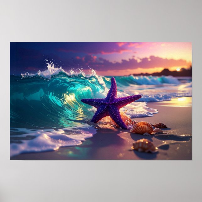Affiche Plage océanique avec étoile de mer violette (Devant)