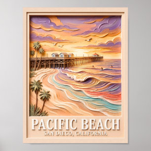 Affiche Plage Pacifique San Diego 3D Surf Voyage Texturé